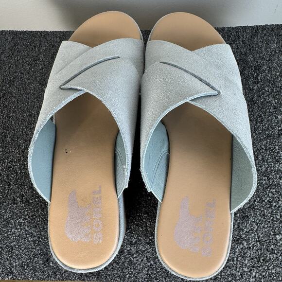 SOREL Women’s Cameron Flatform Mule Sandal In A Light Blue Suede Material Size 7 - Picture 5 of 8